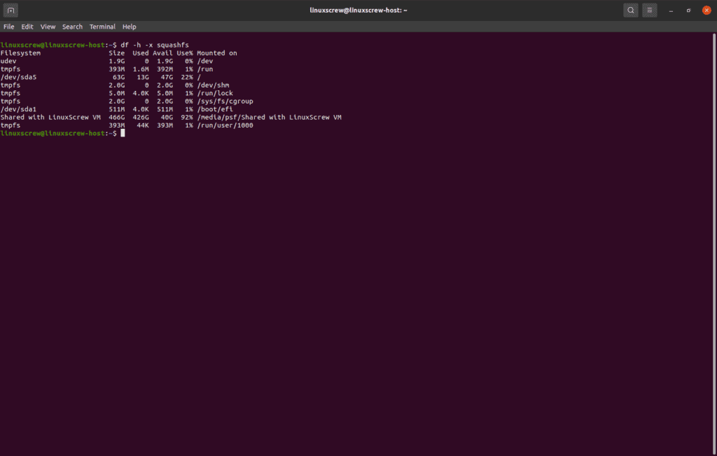 df -h -x squashfs
