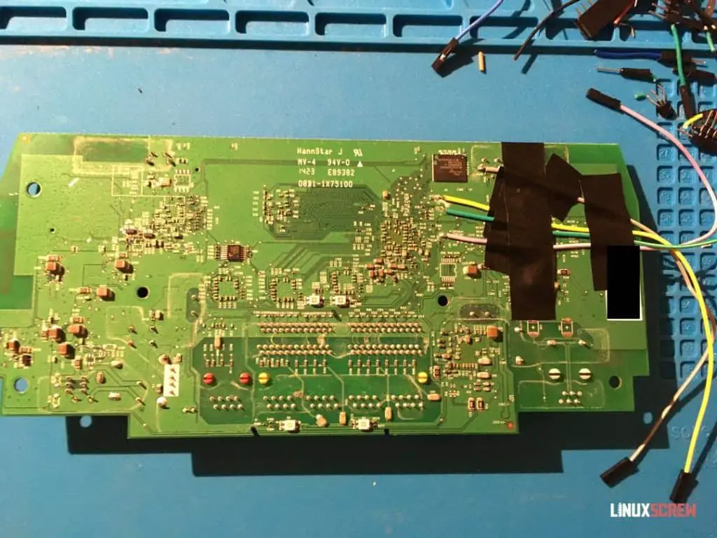 Serial port wires soldered to circuit board