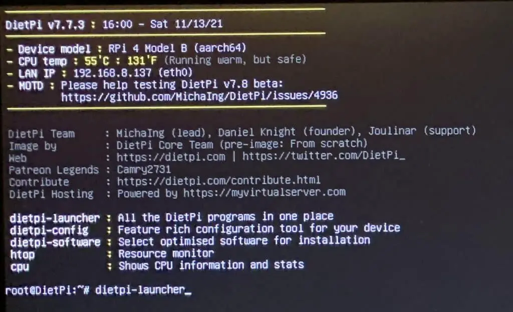 Ready to go! Run 'dietpi-launcher' to bring up the DietPi software launcher.