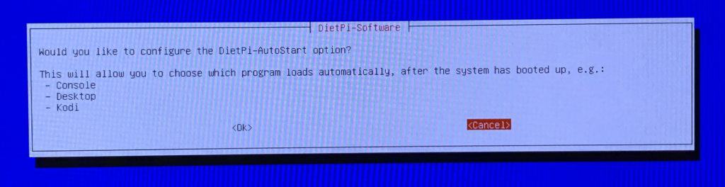 I opted to configure DietPi-Autostart - I want my desktop to load automatically when I power up the Raspberry Pi.