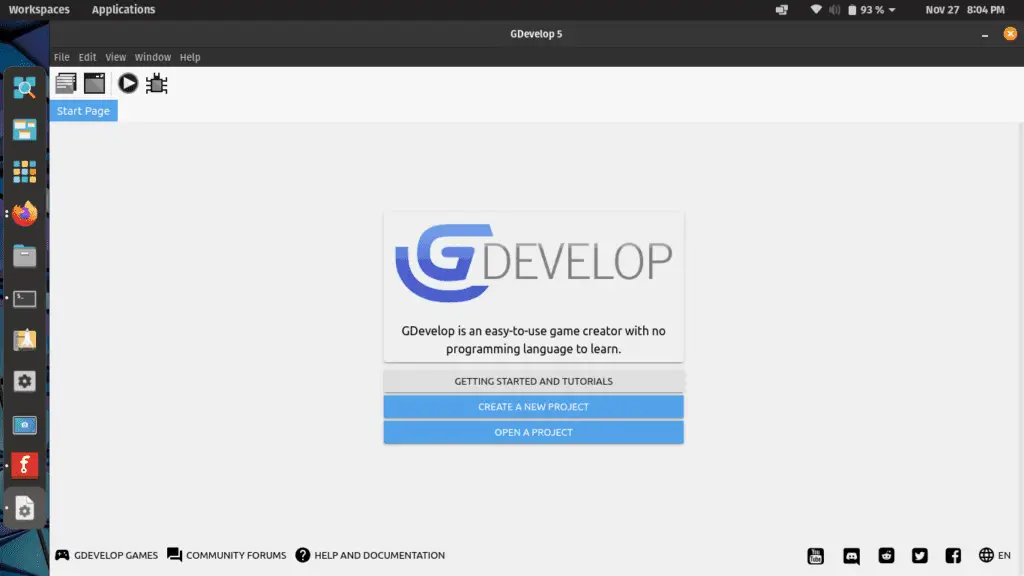 GDevelop running in Linux. That was easy.
