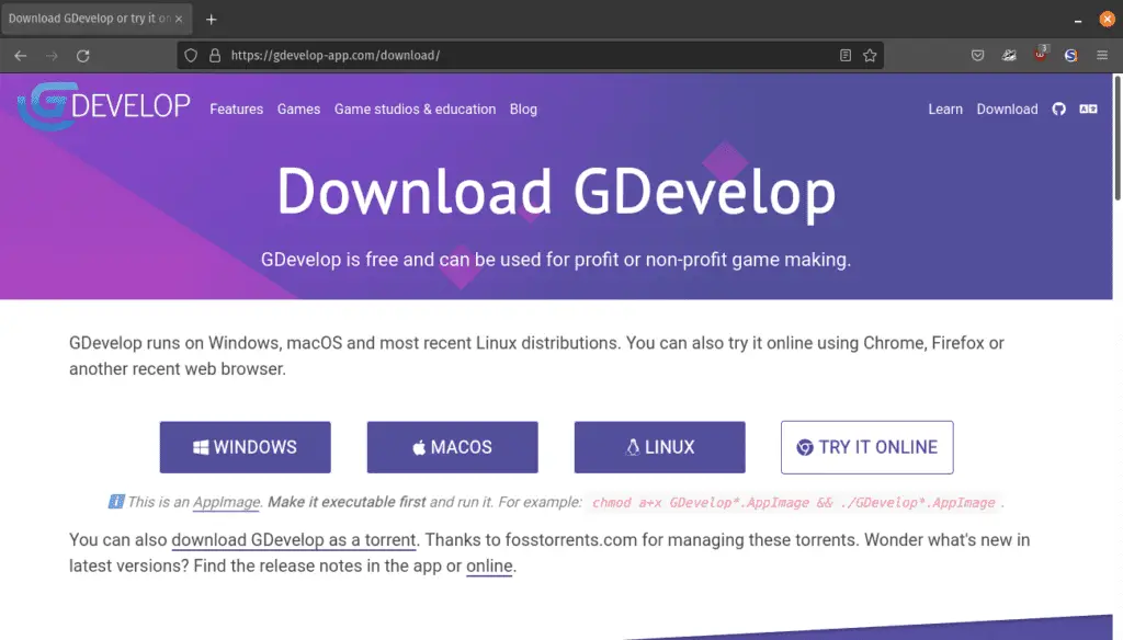 Download GDevelop for your Operating system - in our case, Linux.