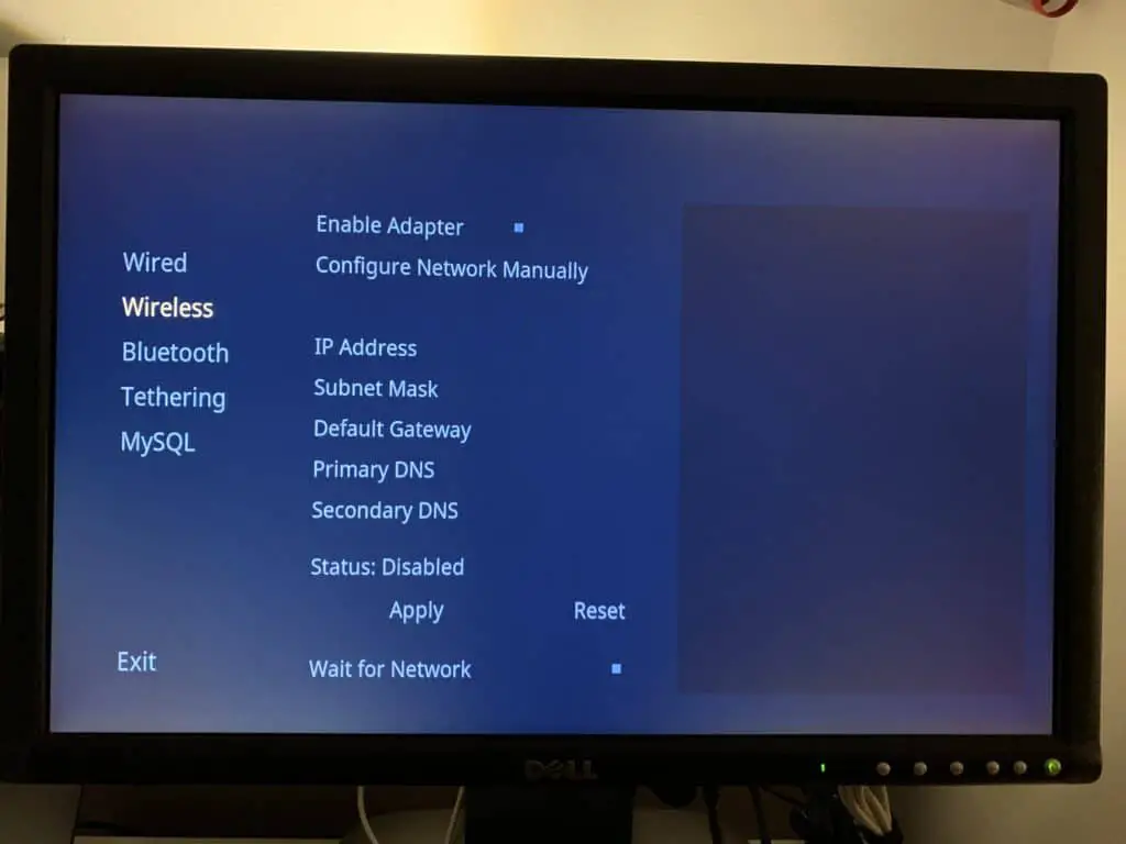 Select the 'Wireless' option. Ensure 'Enable Adapter' is selected, and then wait a few minutes while the list of available WiFi networks is refreshed.