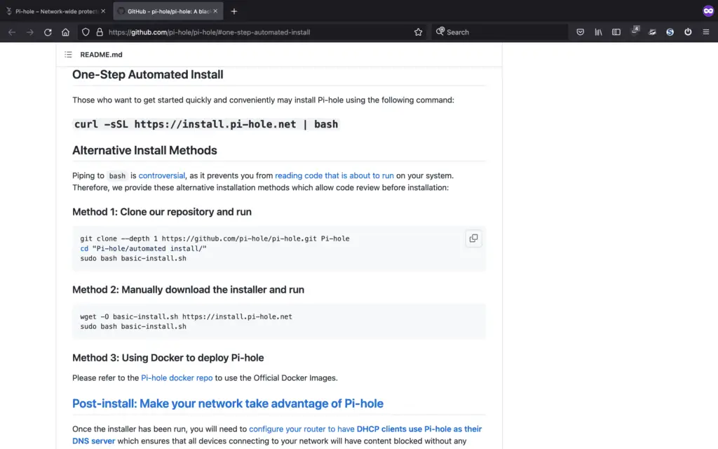 Pi-Hole installation instructions. We'll be following the second method, which is the easiest.