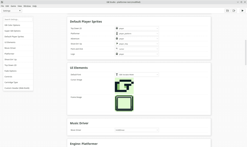 The settings screen lets you tweak the game defaults, colour scheme, controls, and other options